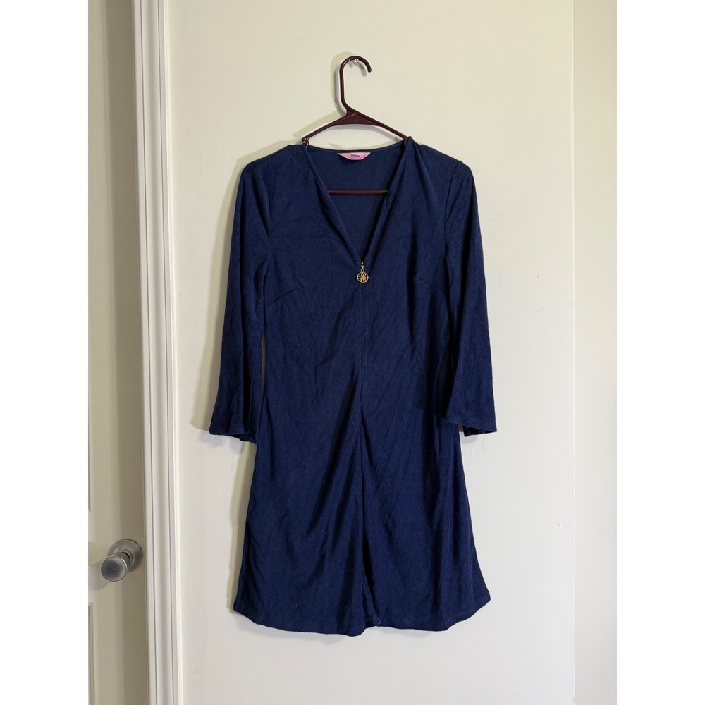 Lilly Pulitzer Navy Blue Terry Cloth Bell Sleeve Dress‎ Resortwear Vacation XS